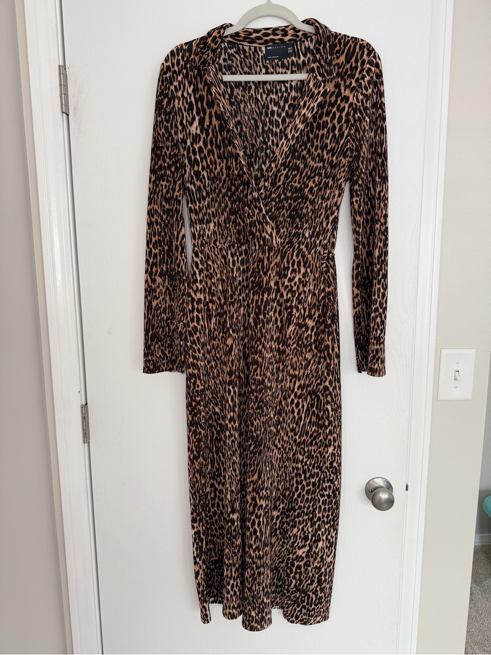 ASOS Design Long Sleeve Leopard Print Pleated Midi Dress